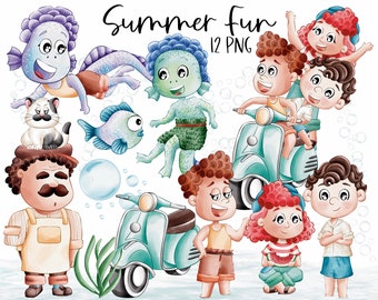 Summer Fun Kids 300dpi Clipart Graphics | Digital Illustration with Commercial License | By the Sea | Italian Summer | Nomad Life |