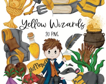 Yellow Magic Clipart Graphics | 300 dpi Digital Illustration | Commercial License | Witch | Castle | Plants | Birthday Decorations