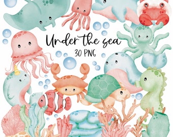 Under The Sea Clipart | 300dpi Digital Illustration | Nursery Decoration | Birthday Invitation | Cute Chibi Animals