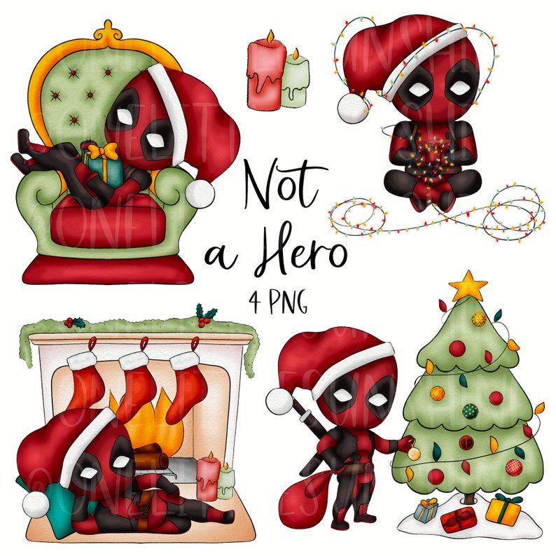 Christmas Deadpool Clipart Graphics Digital Illustration Doodle Commercial License Sublimation PNG Christmas Cards image 1