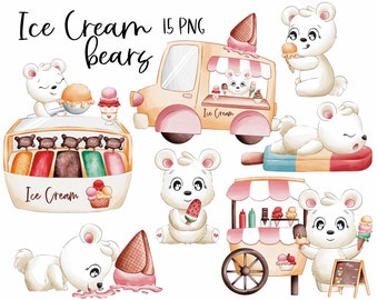 Ice Cream Bears 300dpi Clipart Graphics | Digital Illustration with Commercial License | Desserts | Summer Fun | Sweet Life |