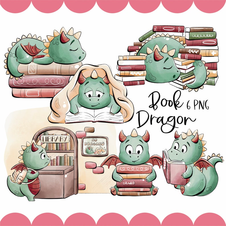 Livre Dragon Clipart Illustration numérique 300 dpi Griffonnage Licence commerciale Amateurs de livres Bibliothèque Lecteurs fantastiques image 1