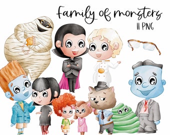 Family of Monsters Clipart | Chibi Characters | 300 dpi Digital Png | Watercolor Drawing | Birthday Decoration | PNG/SVG files