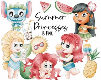 Cute Summer Princess Clipart | Chibi Characters | 300 dpi Digital Png | Watercolor Drawing | Birthday Decoration | PNG/SVG files