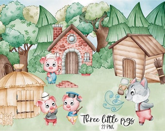 Three Little Pigs Clipart | 300dpi Digital Drawing | Watercolor Png | Birthday Decorations | Chibi Characters | book stories