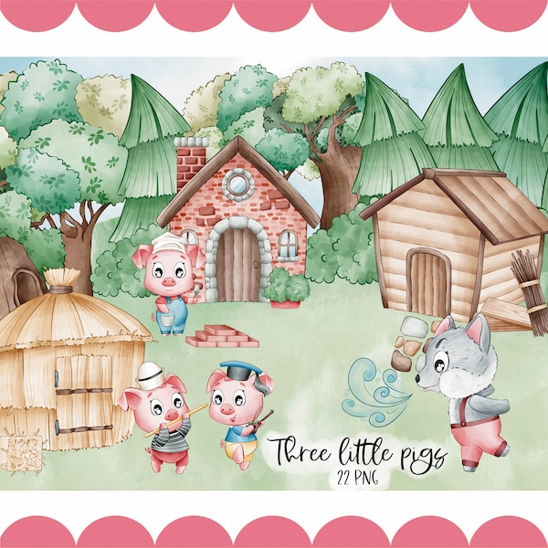 Clipart de trois petits cochons | Dessin numérique 300 dpi | Aquarelle Png | Décorations d'anniversaire | Personnages Chibis | histoires de livres