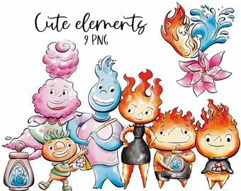 Cute Elements Characters Clipart | 300 dpi Digital Illustration | Commercial License | Air | Earth | Wind | Fire