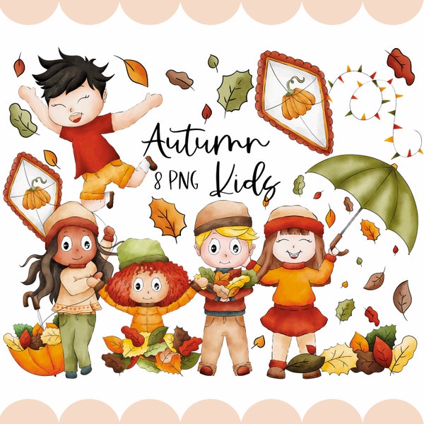 Autumn Kids Watercolor Clipart Graphics | Digital Illustration | Commercial License | Sublimation PNG | Watercolor png