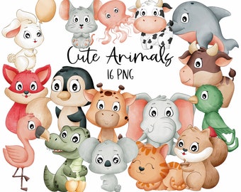 Süße Tiere Clipart Grafiken | Digitale Illustration | 300 dpi | Kommerzielle Lizenz | Spielplatz | Kinder | Dekoration | Glücklich