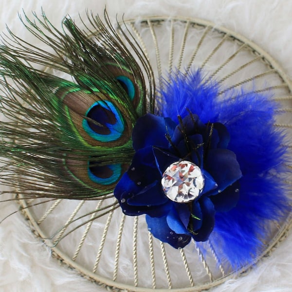 Peacock Hair Clip, Hair Accessory, Flower Fascinator, Rustic Flower Headpiece, Woodland Fascinator, Blue Flower, Accessories,Flower Headband