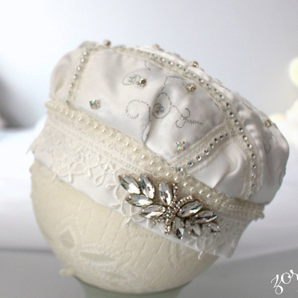 Exquisite Blessing Boy's Hat, Custom Made Victorian Style, Little Prince Baptism, Christening White Satin Sequins Crystals Embroidery Pearls