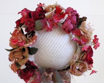 Sitters Knit Bonnet,Flower Bonnet,Baby Photography Prop,Newborn Prop,Vintage Bonnet,Baby Prop,Baby Hat,Flower Hat,Flower Crown Ready to Ship
