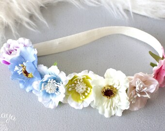 Alzapaños para bebé con flores de arcoíris pastel: accesorio fotográfico para recién nacidos hecho a mano