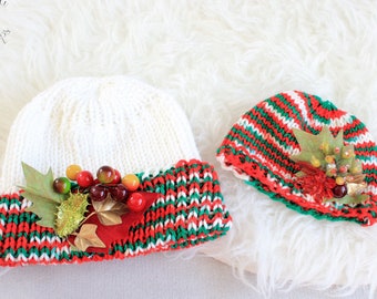 Christmas Mommy and Me Hats, Newborn Hat, Red Green White Newborn Hats, Baby Girl Hat, Adult Hat, Holidays Props, Newborn Props, Infant Hats