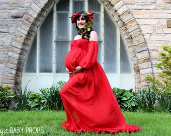 Maternity Dress, Red Gown, Chiffon Maternity Gown, Red Long Sleeves Dress, Maternity Dress for Photography, Open Front Dress, Flower Crown