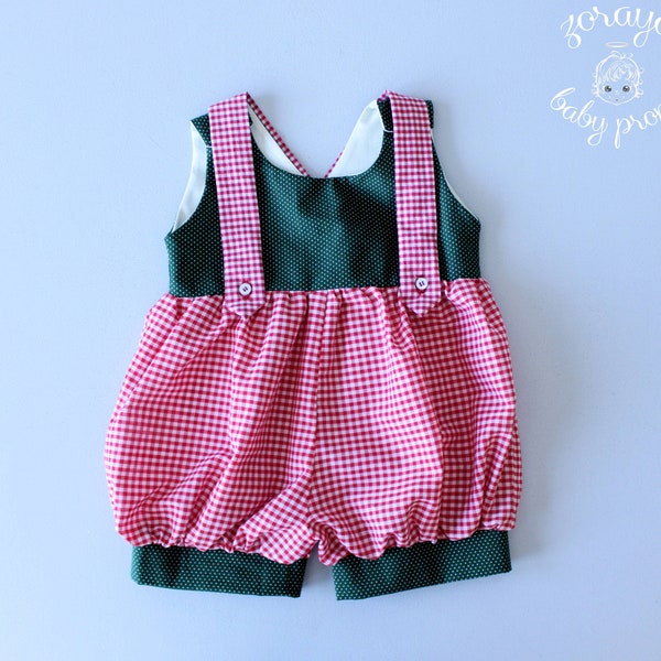 Christmas Gingham Romper, Red Green Cotton Christmas Overall, Sitter Suspenders Outfit, Baby Onesie, Baby Boy Romper, Checker Vintage,12-18m