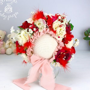 Floral Baby Bonnet: Red & White Roses, Knit Photography Prop (12-18mo)
