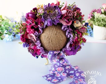 Purple Flower Baby Bonnet: Knitted Sitter Photography Prop, 6-9mo