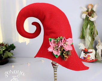 Red Felt Elf Gnome Hat: Handmade Poinsettia Christmas Costume, 9-12 Month