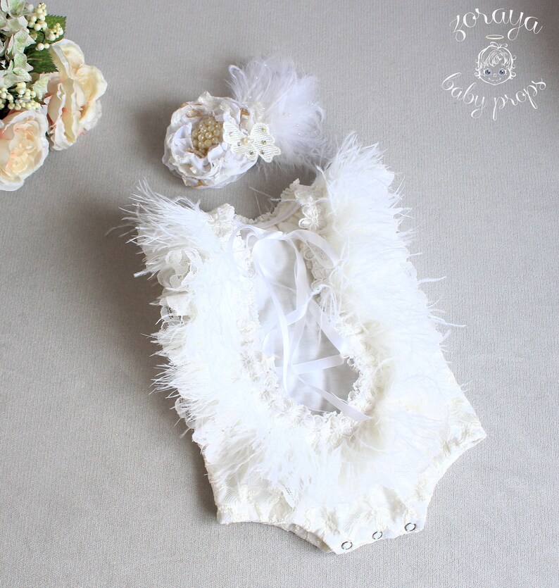 Cream Baby Props,Fancy Romper Open Back Romper w Feathers Onesie Sitters Overall Photography Props Ostrich Lace Romper Sitters Outfit