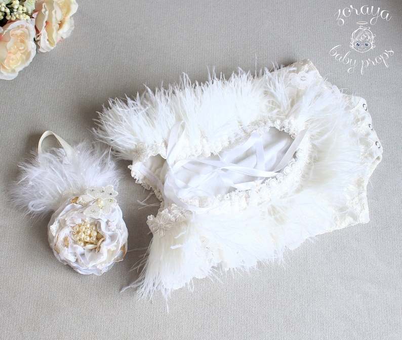 Cream Baby Props,Fancy Romper Open Back Romper w Feathers Onesie Sitters Overall Photography Props Ostrich Lace Romper Sitters Outfit