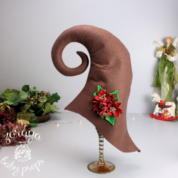 Brown Elf Gnome Hat, Trolls Winter Wonderland Costume Hat, Poinsettia Flowers, Fairy Tall Hat, Baby Photography Props, Dark Brown Felt Props