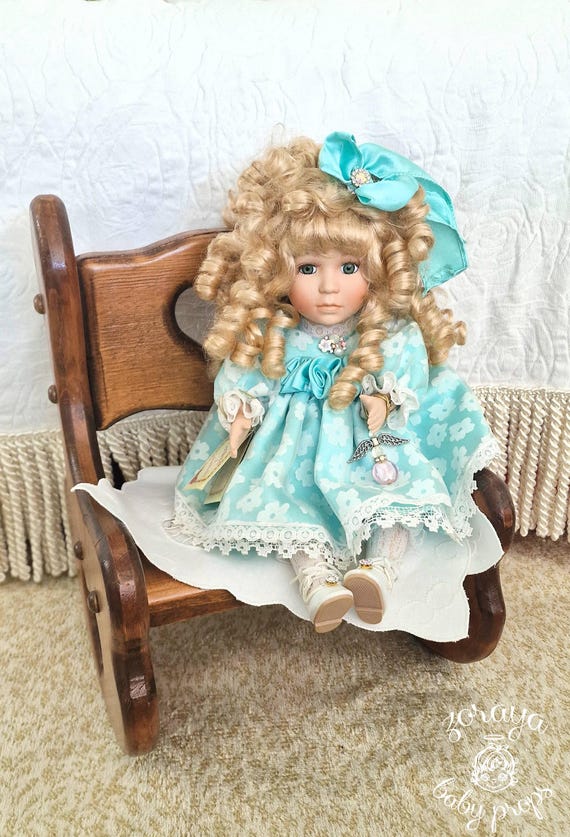 collectors choice porcelain doll green dress Vintage on Wooden Rocking Chair: Turquoise Dress, Collector's Dan dee