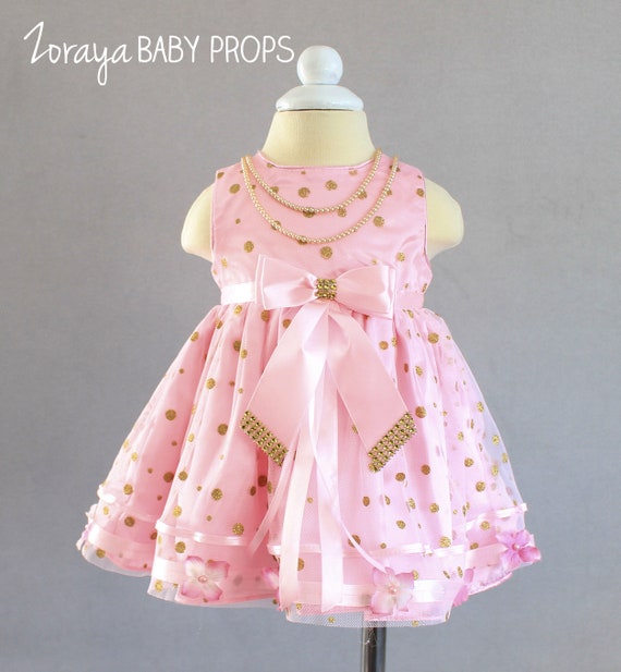 Pink Baby Dress: Gold Polka Dot Tulle, Satin Bow, Special Occasion