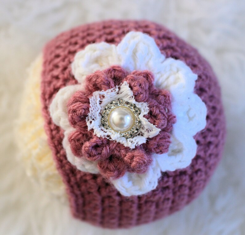 Girls Hat Beanies Dusty Rose Hat Photo Prop Baby Hat Newborn Props Spring Props Crocheted Hat Rouge Hat with Flower Skull Cap