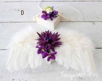 Feather Angel Wings: Handmade Newborn Photography Prop with Flower Tieback