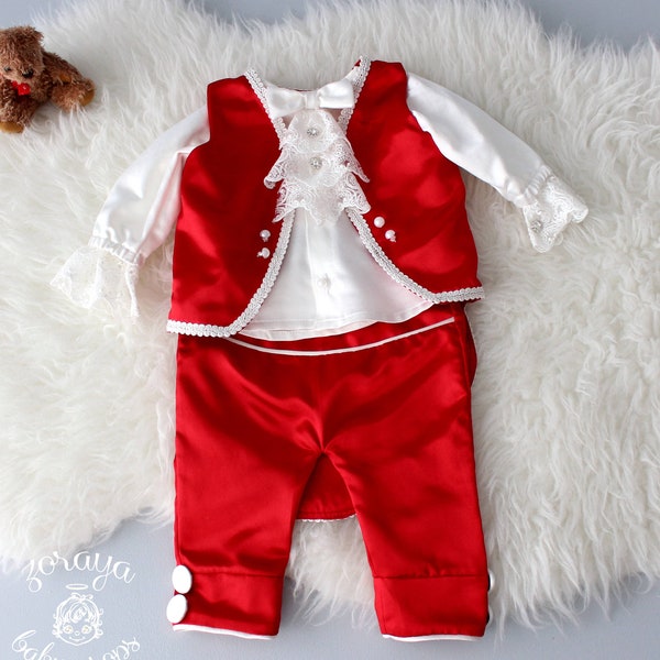 Traje de niño de San Valentín, pedido personalizado para esmoquin rojo satinado, pantalones rojos, camisa de satén blanca, accesorios clásicos de San Valentín, conjunto de tres piezas