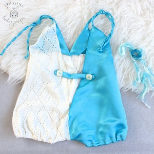 Aqua Blue Baby Romper: Cream Knit & Satin Photography Prop