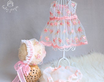 Vestido y capó, vestido de encaje para bebé, accesorios para niñeras recién nacidas, fotografía de recién nacidos, accesorios elegantes, capó bordado, flores, diadema rosa pastel