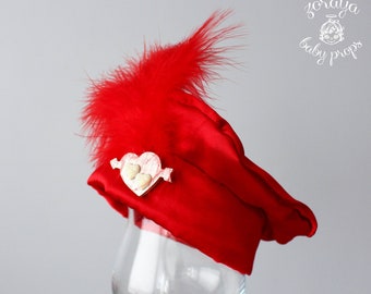 Red Valentines Burette, Red Satin Hat, Hat for Valentine's Outfit, Red Hat with Feathers, Baby Photography, Custom Orders  Zoraya Baby Props