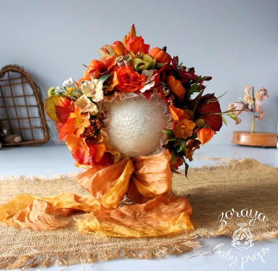 Autumn Flower Baby Bonnet, Handmade Rustic Orange Photo Prop  display picture 1