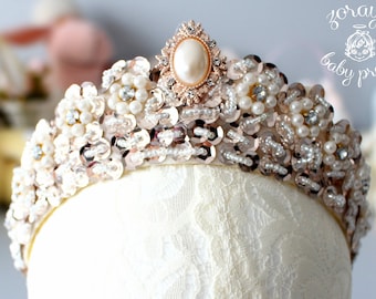 Fancy Gold Baby Girl Tiara, Gold Crown, Sequin Pearls Rhinestones Headband, First Birthday Crown, Victorian Princess Crown