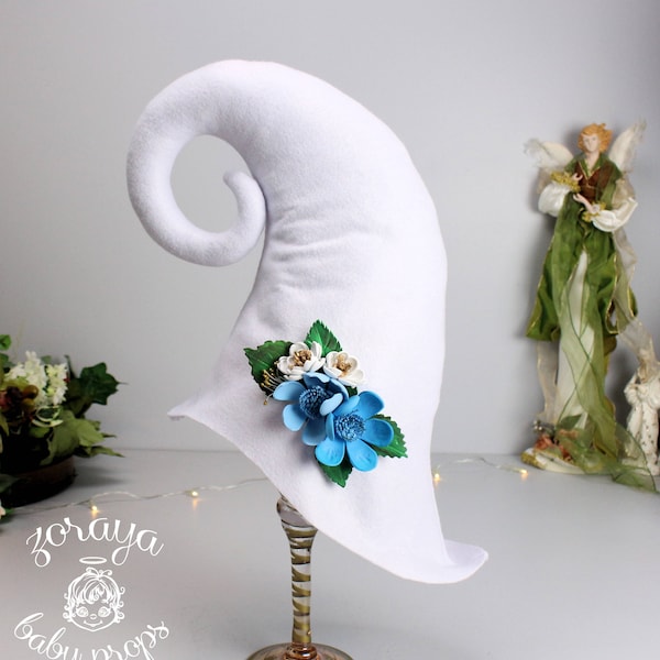 White Elf Gnome Hat, Trolls All Seasons Wonderland Costume Hat, Blue Flowers, Fairy Tall Hat, Baby Photography Props, White Felt Props