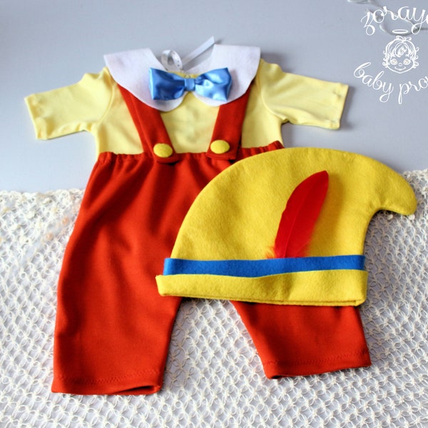 PINOCCHIO, Disney Costume, Birthday, Halloween, Special Occasion, Yellow Romper, Red Shorts, Pinocchio Hat, Blue Bow Tie, Custom Orders