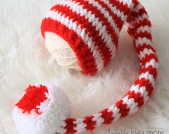 Red Hat,Long Tail Hat, Christmas Hat,Red Stripes Hat,Newborn Photography, Newborn Hat,Elf Hat,Pom Poms Hat, Boys Hat,Girls Hat,Holiday Props