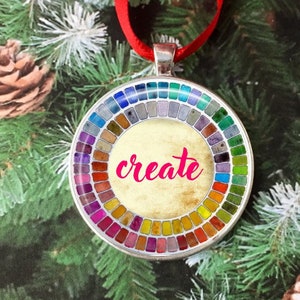 Watercolor Palette Ornament with turquoise Blue or Pink Create words - Create Christmas Ornament gift for art student teacher artist