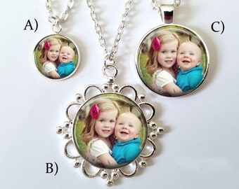 Custom Charm Photo Necklace - Choose from .75", 1" or 1" Filigree Pendant Children's Baby Newborn Picture Photo