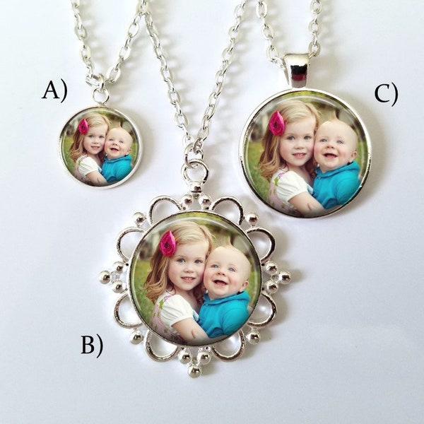 Custom Charm Photo Necklace - Choose from .75", 1" or 1" Filigree Pendant Children's Baby Newborn Picture Photo