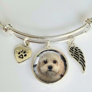 Dog Memorial Photo Charm Bracelet with 2 silver charms a paw print and an angel wing - Silver Dog Charm stack bracelet - Pet picture bangle