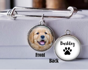 Dog Charm Bangle Bracelet - Dog Photo Picture Charm Bracelet - double sided photo charm stack bracelet with dog's name on back w paw print