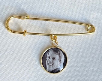 Gold Pin with gold photo charm Groom memorial pin Photo Lapel Pin custom photo Boutonniere Brooch