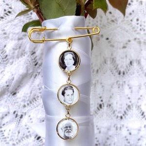 Bridal Bouquet Charm dangle set with 1,2,3,4 5 photo charms on gold pin - Gold Wedding Bouquet Memory picture Charms Bridal Shower Gift