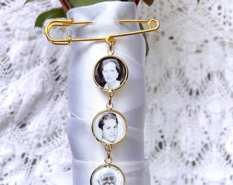 Bridal Bouquet Charm dangle set with 1,2,3,4 5 photo charms on gold pin - Gold Wedding Bouquet Memory picture Charms Bridal Shower Gift