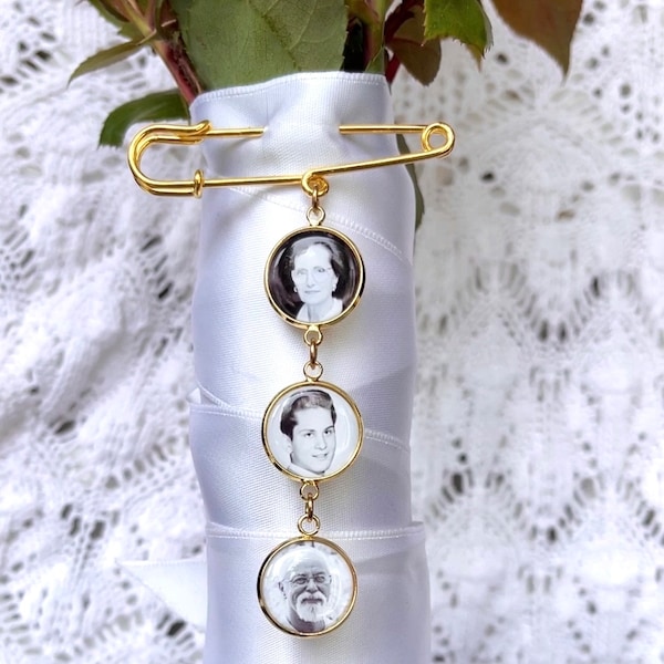 Bridal Bouquet Charm dangle set with 3 photo charms on gold pin - Gold Wedding Bouquet Memory picture Charms Bridal Shower Gift