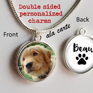 Double Sided Photo Charms - Custom dog pet Picture Charms ala carte with name on back - sterling silver plated spring ring  european charm