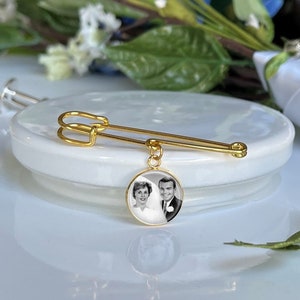 Gold Pin with gold photo charm Groom memorial pin Photo Lapel Pin custom photo Boutonniere Brooch